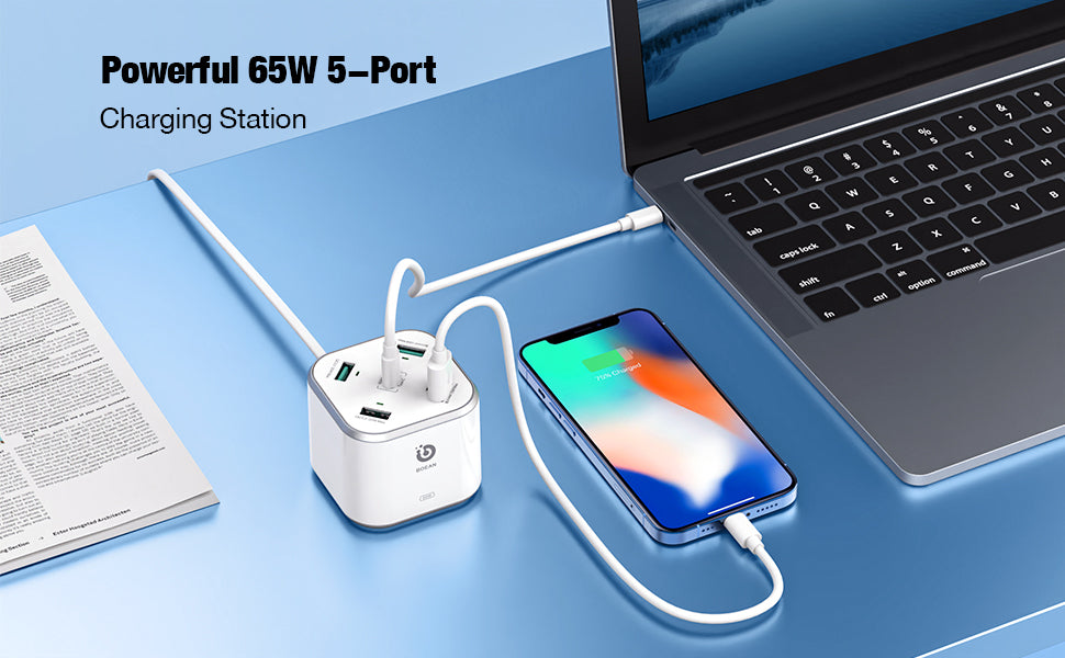 USB 5-Port All-in-one Wall Charger Fast Charging Station with USB-A and USB-C Ports