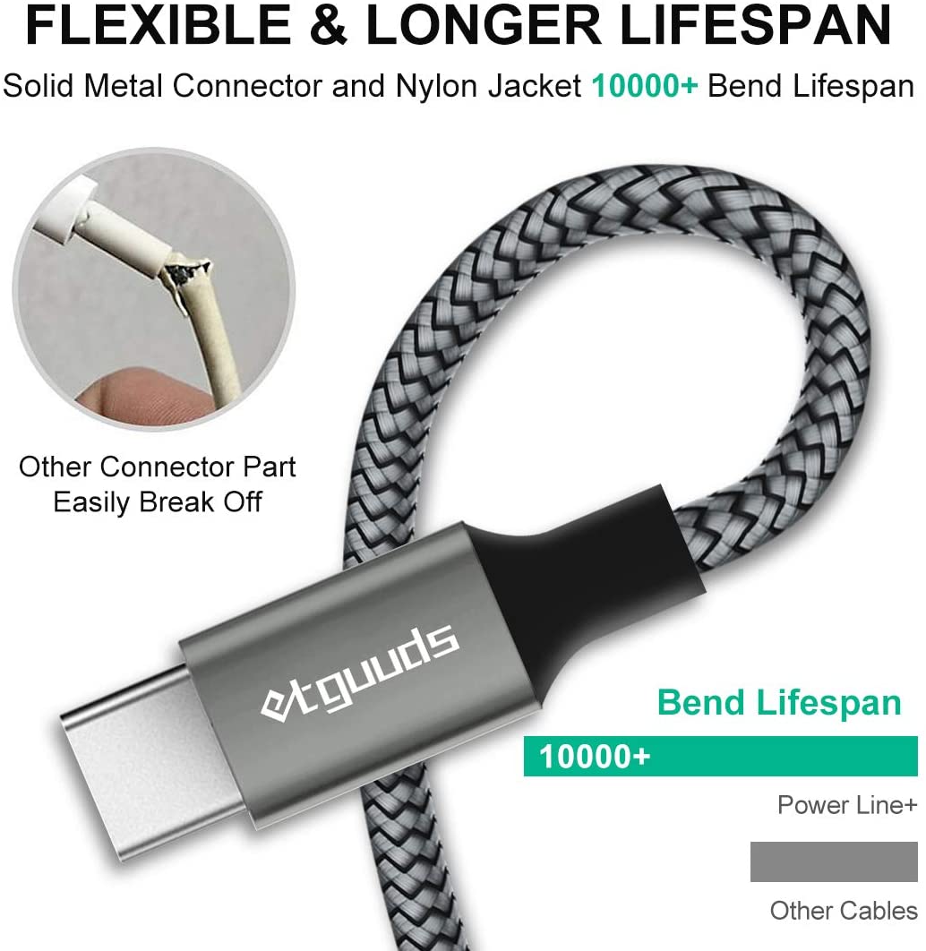 USB-A to Type-C Fast Charge & Data Sync 3A Charger Cable- Nylon Braided Gray [3ft, 6ft, 10ft]
