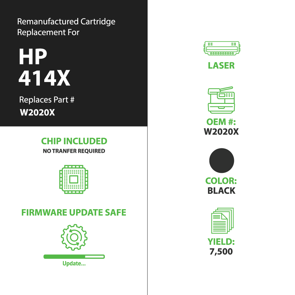 Remanufactured HP 414X (W2020X) High Yield Toner Cartridges - Black - With Chip