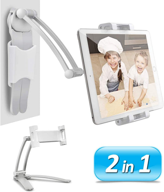 Universal 2 in 1 Tablet & Phone Holder/Stand for Office, Home, & Kitchen- Silver