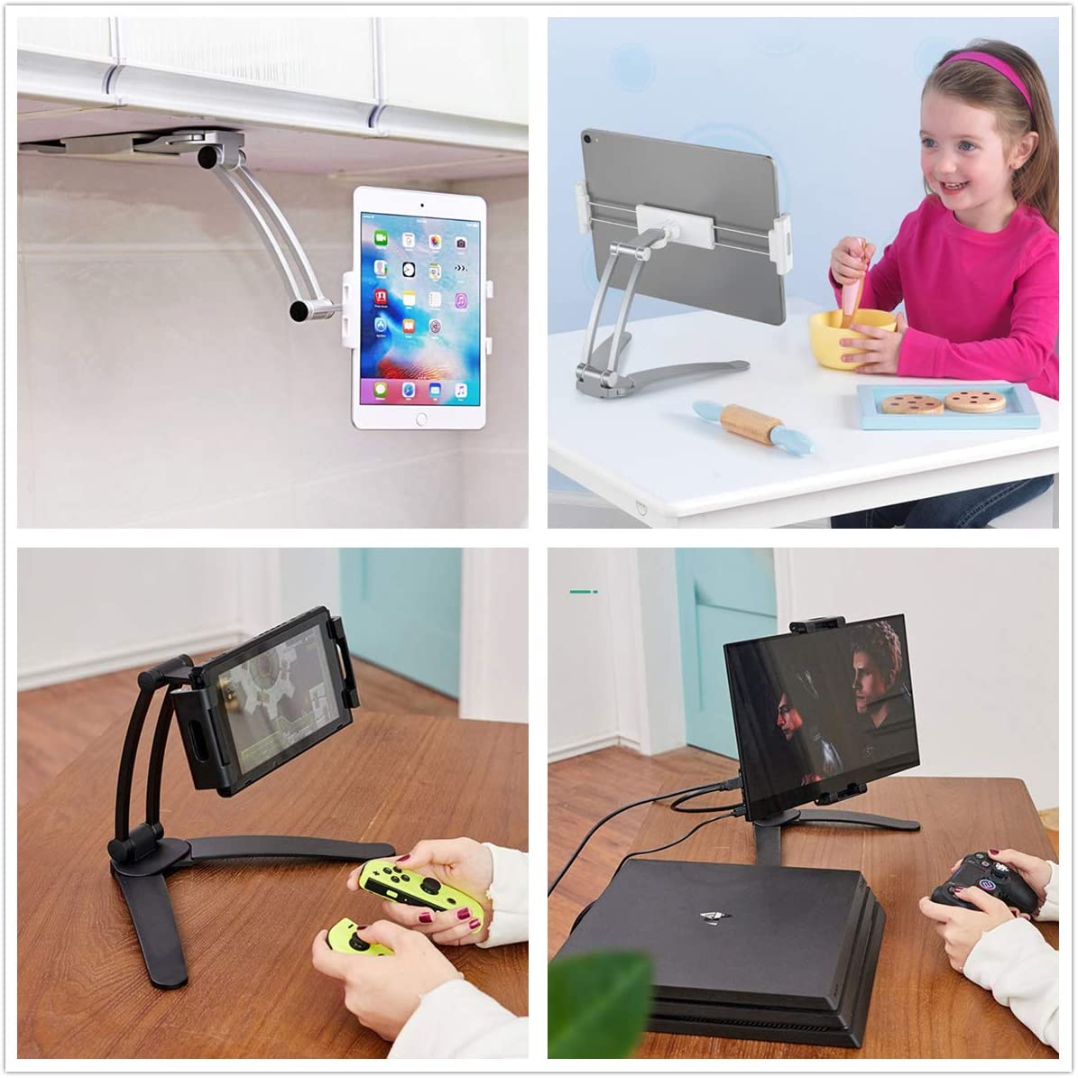 Universal 2 in 1 Tablet & Phone Holder/Stand for Office, Home, & Kitchen- Silver