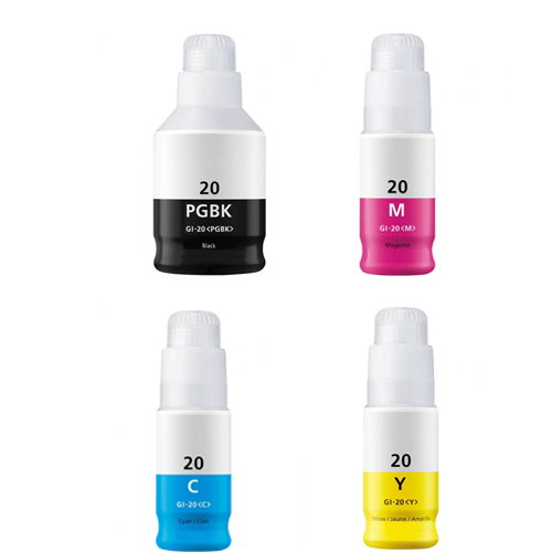 Compatible Canon GI-20 Ink Bottles - 4-Pack Color Set ( Black, Cyan, Magenta, Yellow )