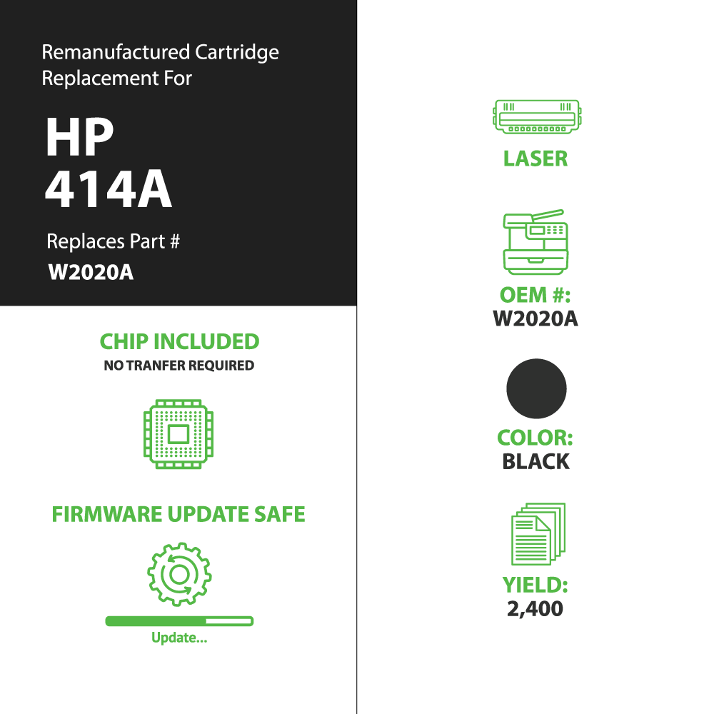 Remanufactured HP 414A (W2020A) Toner Cartridges - Black - With Chip