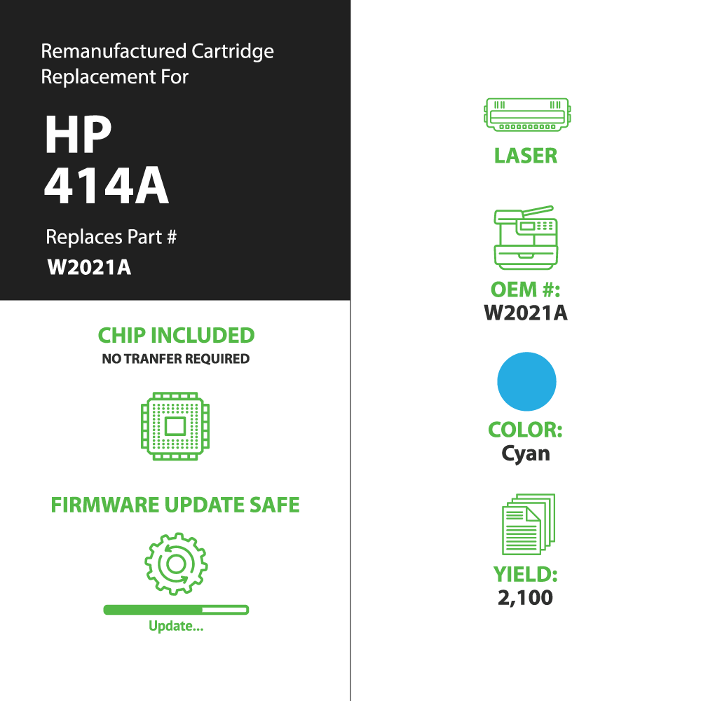Remanufactured HP 414A (W2021A) Toner Cartridges - Cyan - With Chip