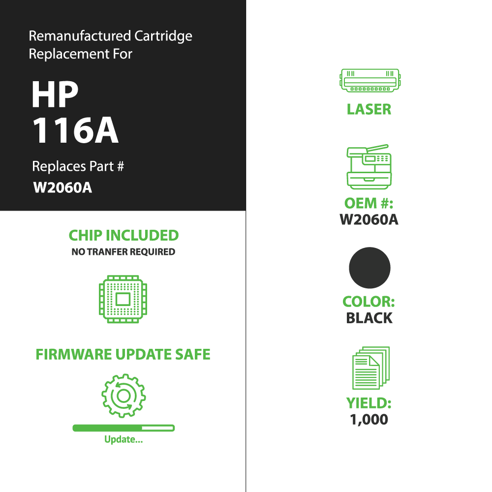 Remanufactured HP 116A (W2060A) Toner Cartridges - Black - With Chip
