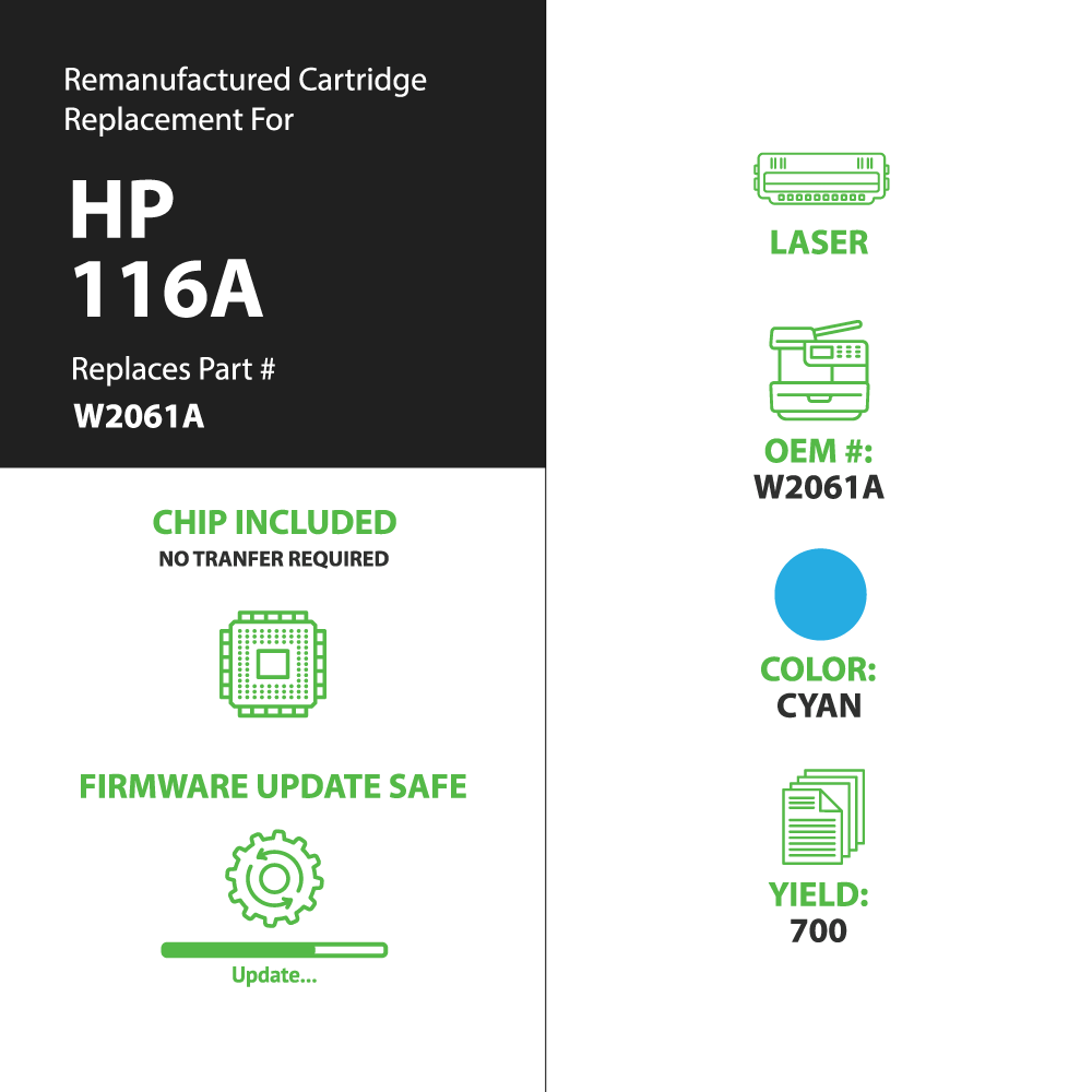 Remanufactured HP 116A (W2061A) Toner Cartridges - Cyan - With Chip