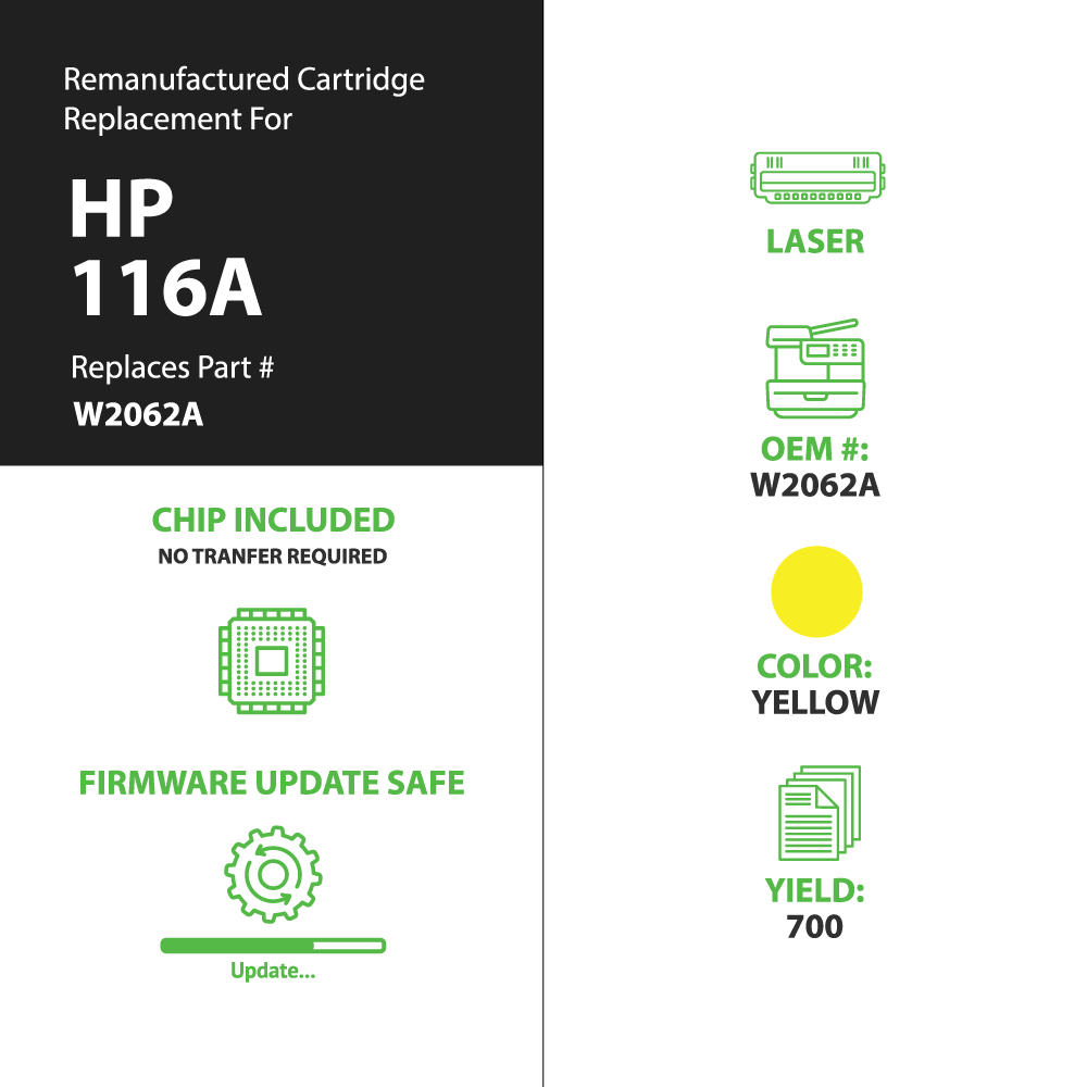 Remanufactured HP 116A (W2062A) Toner Cartridges - Yellow - With Chip