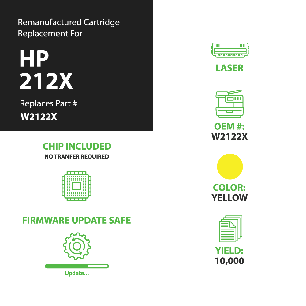 Remanufactured HP 212X (W2122X) High Yield Toner Cartridges - Yellow - With Chip